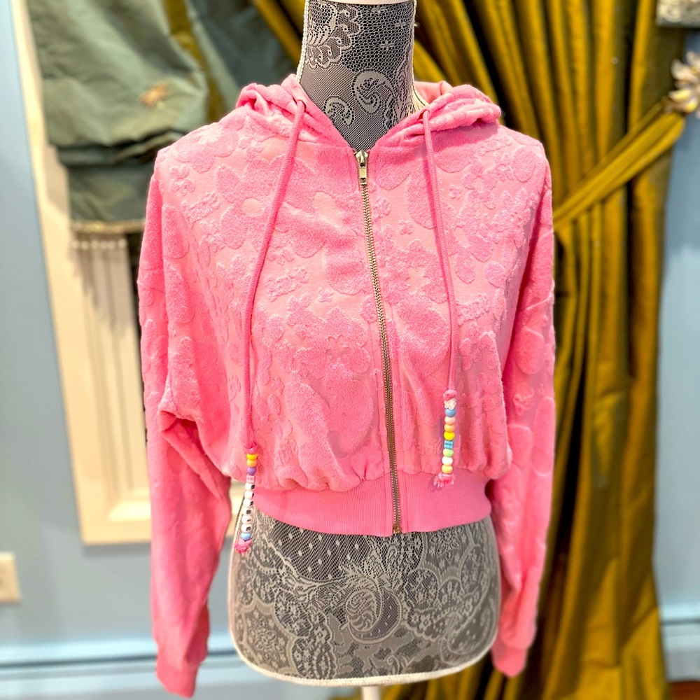 Pink Barbie zip up hoodie terry cloth material, beautiful details